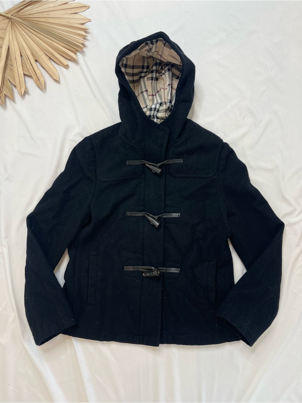 Burberry 100% Lambswool Duffle Black Toggle Button Hooded Pea Coat Size Large